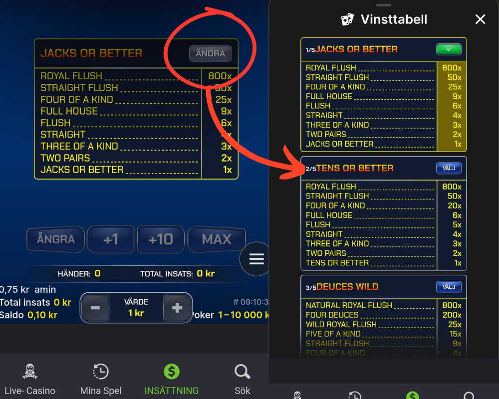Hur du väljer vinsttabell i Video Poker Live